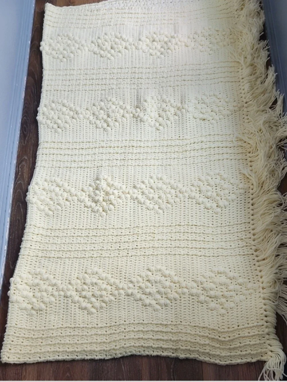 Handmade Crochet Diamond Bobble Popcorn Blanket Cream